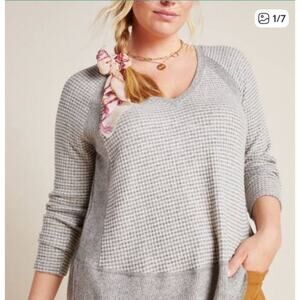 Anthropologie Eri + Ali Waffle Knit V-neck Gray Long Sleeve Dorotea Tunic Top, S